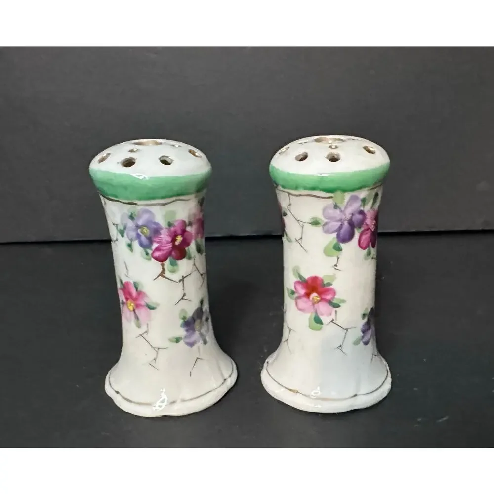 Pair Hand Painted Hat Pin Holders Floral Design VIOLETS Green Gold Trim